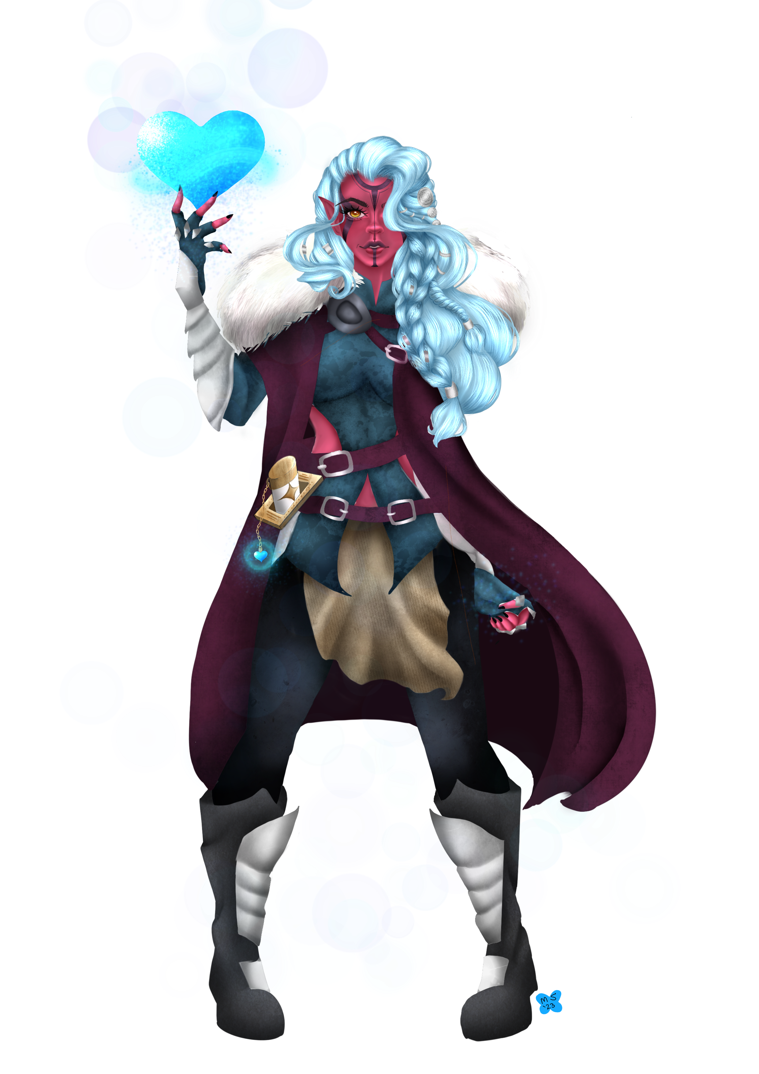 A red-skinned woman with flowing white hair and tattoos on her face wearing a fur-trimmed maroon cloak. They are conjuring energy in the shape of a blue heart in her hand