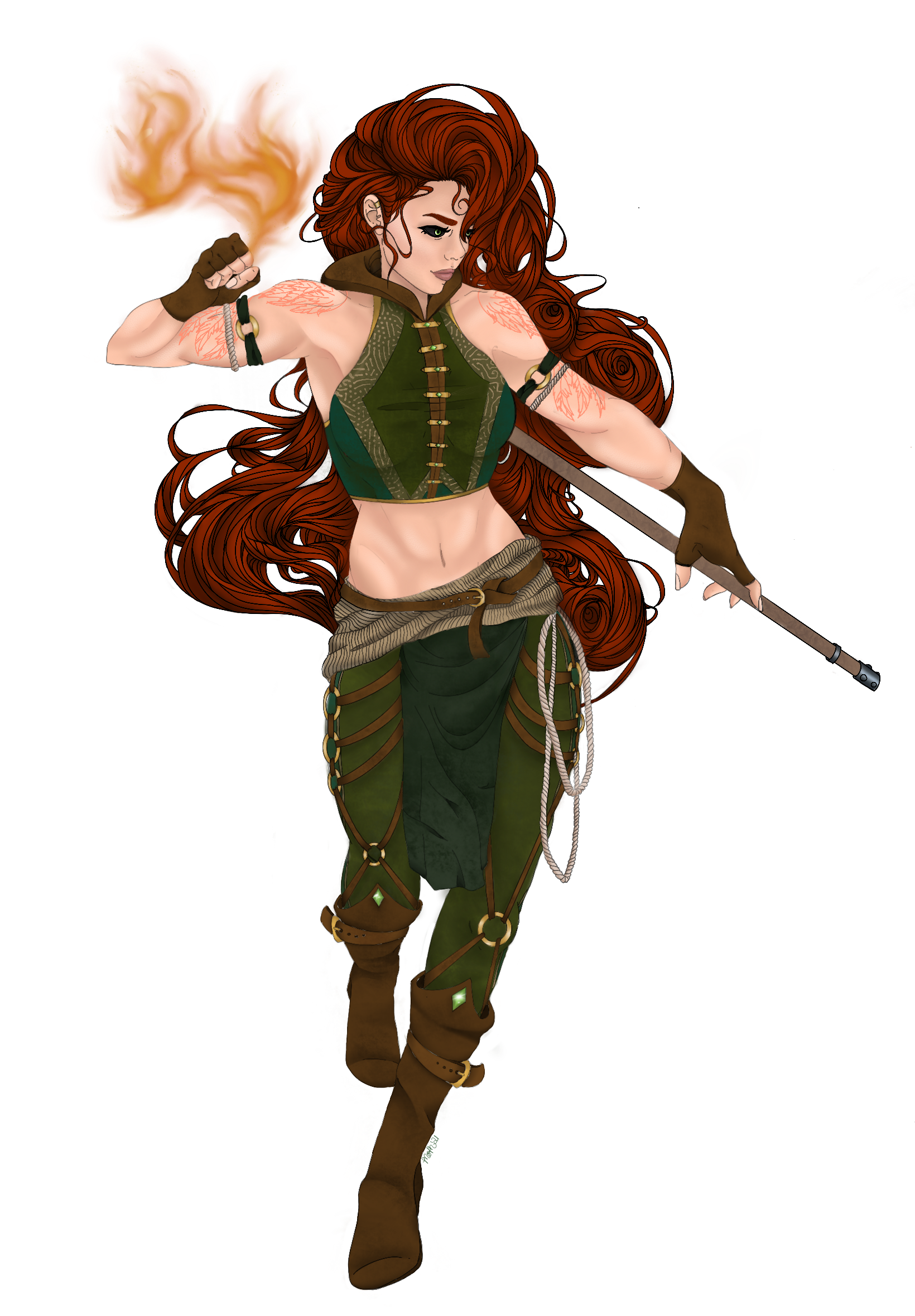 A woman in green brawler's garb, wielding a flaming fist and a staff, with long red hair flowing dramatically around her