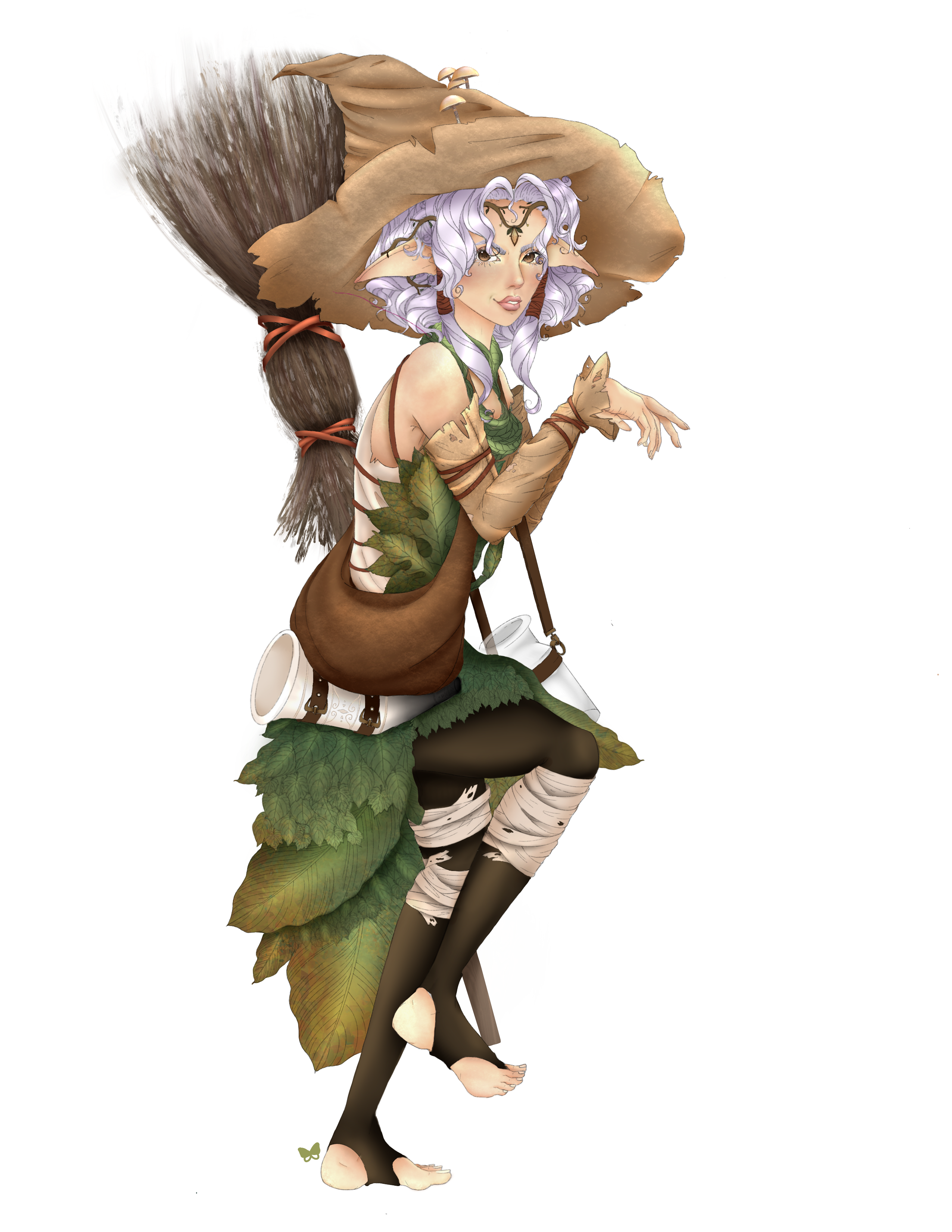 A woman with lavender hair and pointed ears wearing a large pointed hat, dressed in large green leaves and brown clothing with bandaged legs. She has her arms up as if she's creeping around.